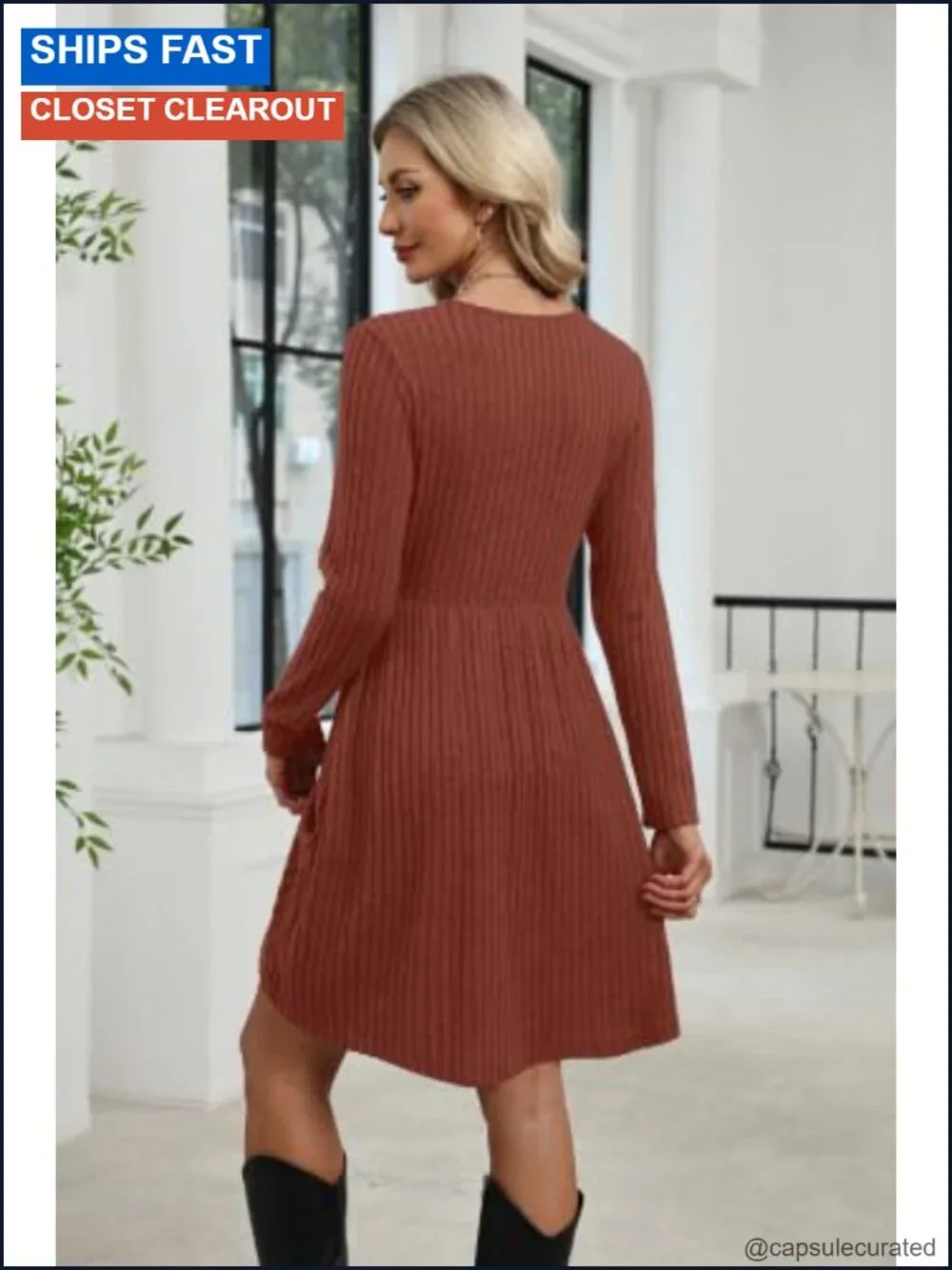 Womens Long Sleeve Wrap Sweater Dress Ribbed Knit V Neck with Pockets